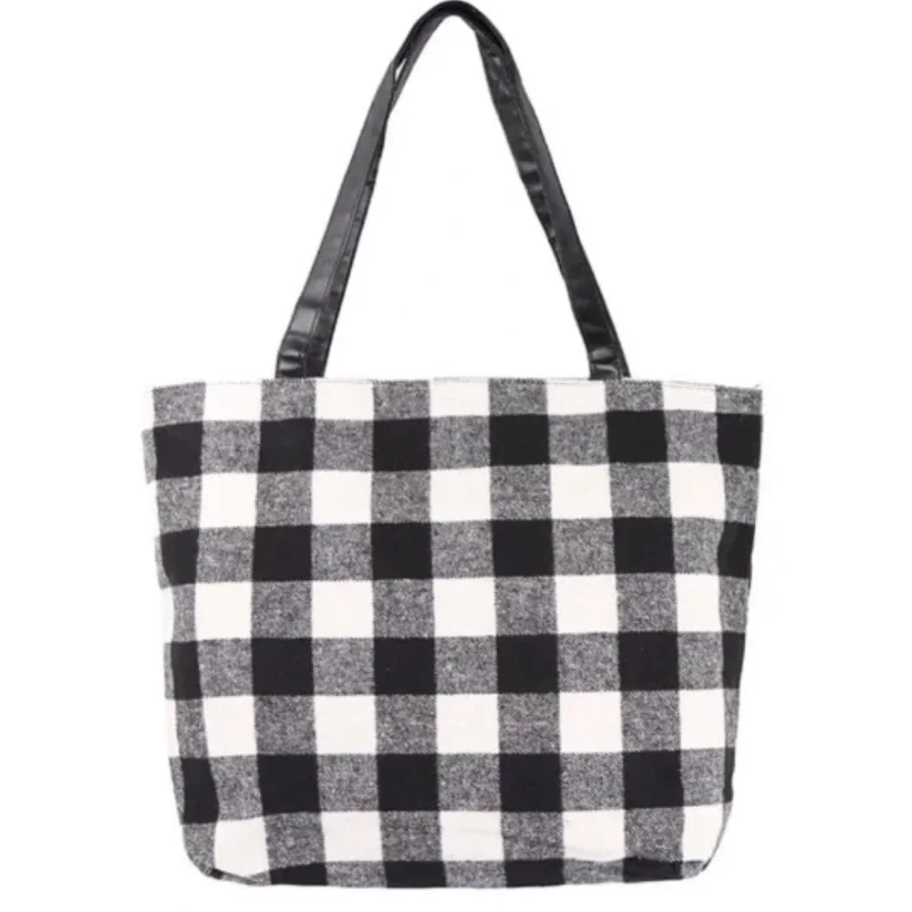 NWT Buffalo White Flannel Leather Plaid Tote Shoulder Travel Shopping Bag Black